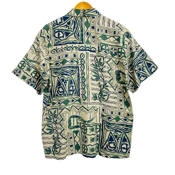 BTB Hawaiian Shirt Men's Large Tan Green Tropical Short Sleeve Button Up Linen - Picture 4 of 9